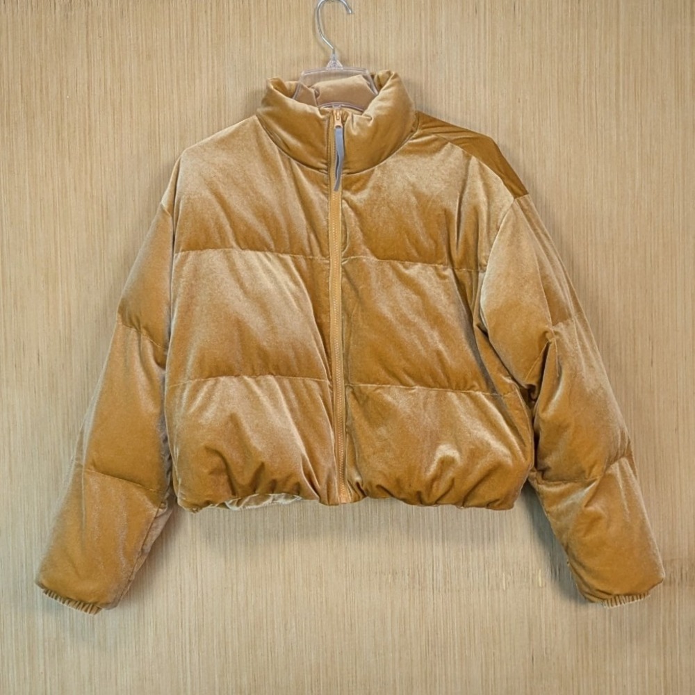 Fabletics Womens Wander‎ Crushed Velour Honey Yellow Cropped Puffer Jacket XS